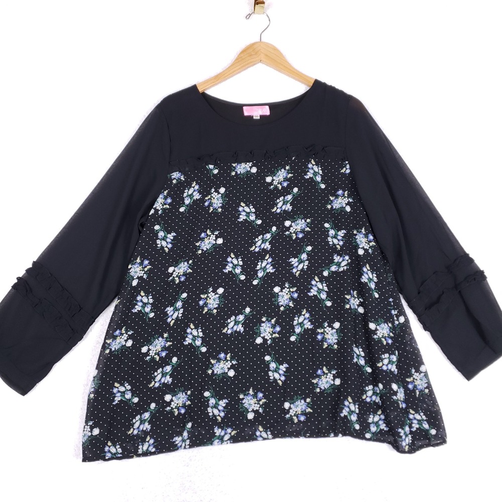 Vera‎ Laura Blouse 3XL Black Floral Chiffon Ruffle Tunic Top Cottagecore Boho